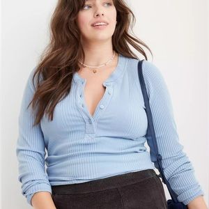 Aerie Light Blue Road Trip Long Sleeve Henley (Small)